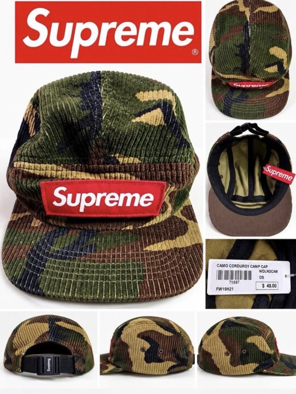 Supreme Camo Corduroy Camp Cap Fall Winter 2019 Camouflage NWT Deadstock USA
